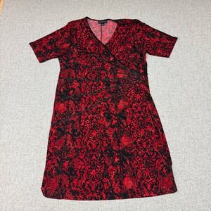 Connected Woman Faux Wrap Sheath Dress 20W Red Black Scroll Print Pleated V-Neck